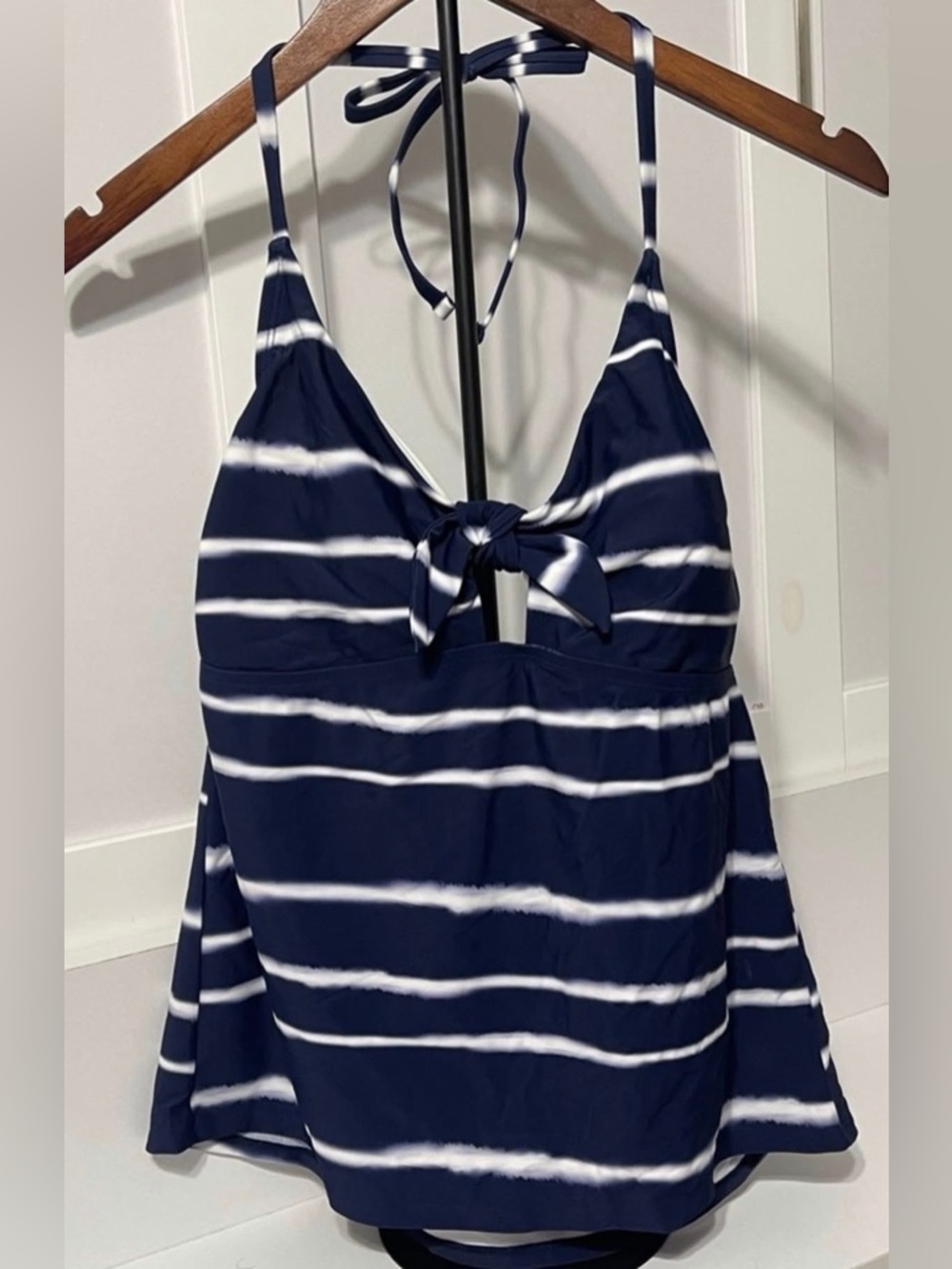 90: Kona Sol Navy and White Striped Halter Tankini Top with Front Tie - Small